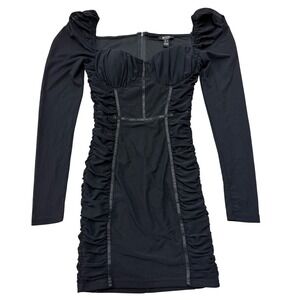 Privy Black Mesh Ruched Corset Long Sleeve Bodycon Mini Dress Size S